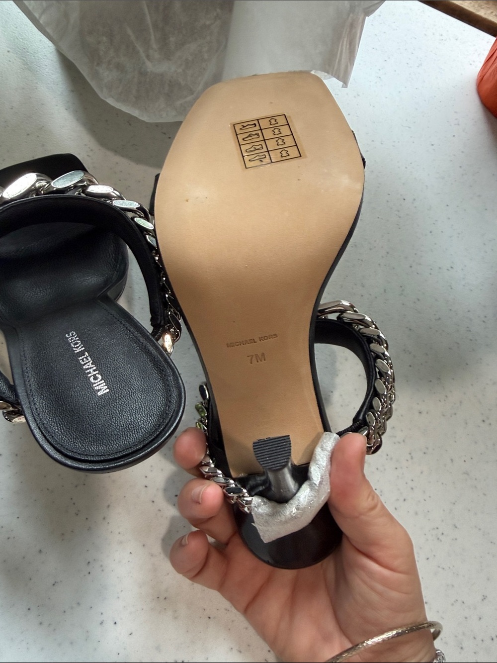 NIB Michael Kors Black Leather Chain-Trim Heeled Slide Sandals - Picture 5 of 7